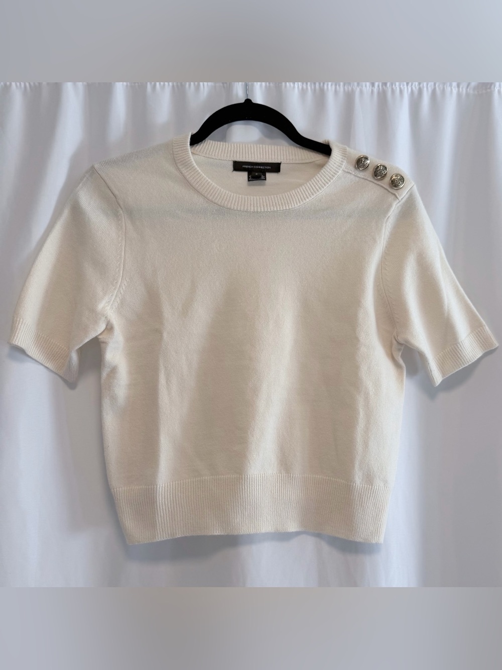 French Connection Cream Button Detail Short Sleeve Sweater Minimalist Chic S